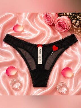 Tease Black Lace Thong Panty with Red Heart Detail